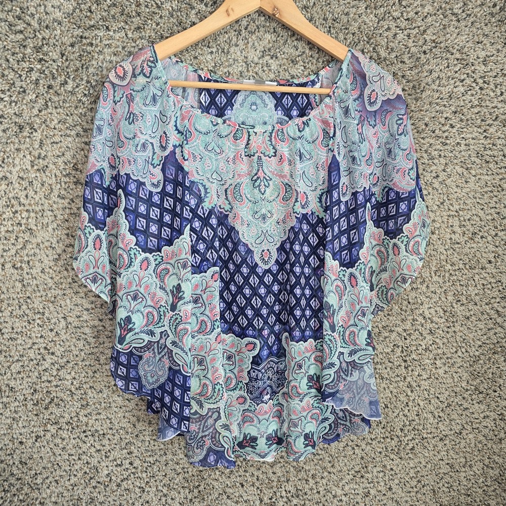 JM Collection Top Womens PL Petite Large Blue Scoop Neck Embellished Blouse
